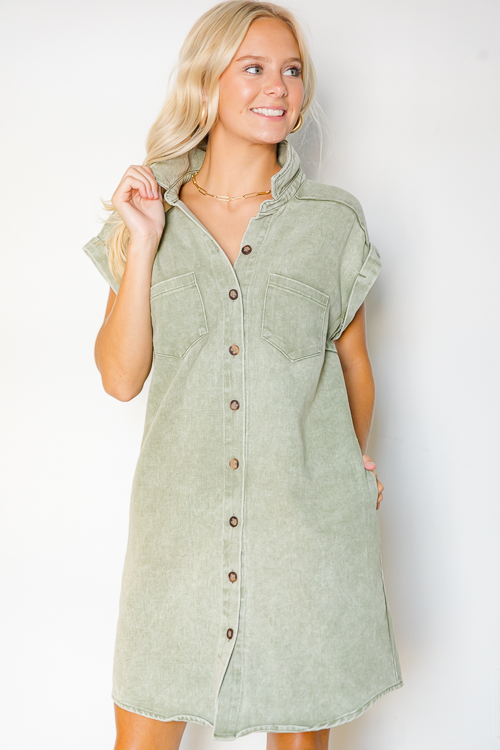 Cuffed Denim Shirt Dress, Olive