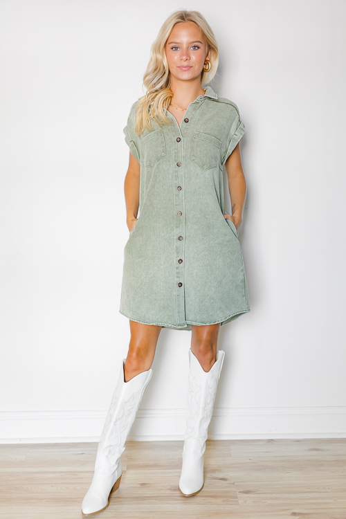 Cuffed Denim Shirt Dress, Olive