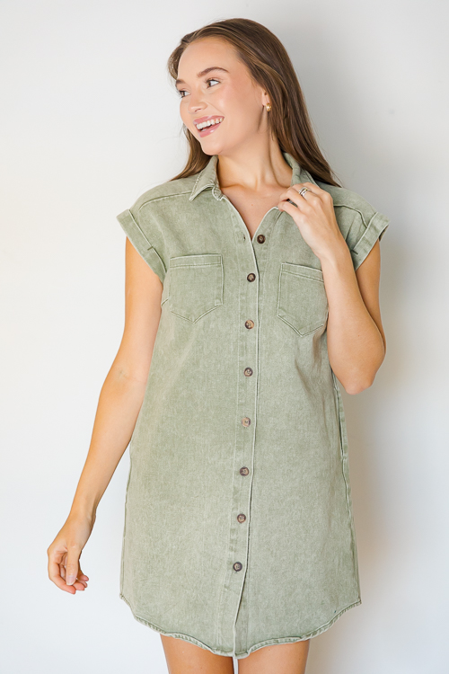 Cuffed Denim Shirt Dress, Olive