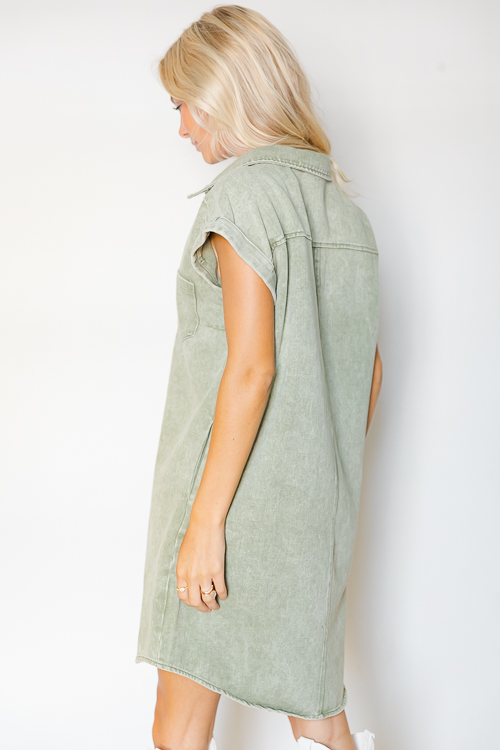Cuffed Denim Shirt Dress, Olive