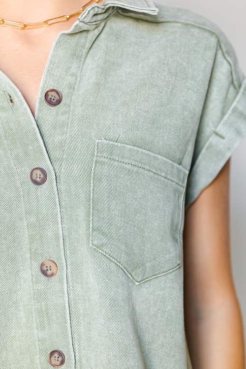 Cuffed Denim Shirt Dress, Olive