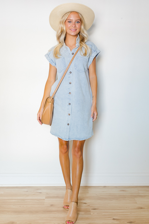 Cuffed Denim Shirt Dress, Blue Grey