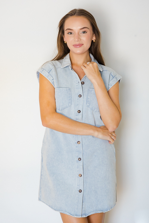 Cuffed Denim Shirt Dress, Blue Grey
