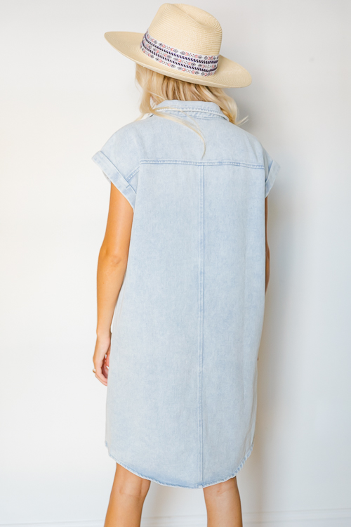 Cuffed Denim Shirt Dress, Blue Grey