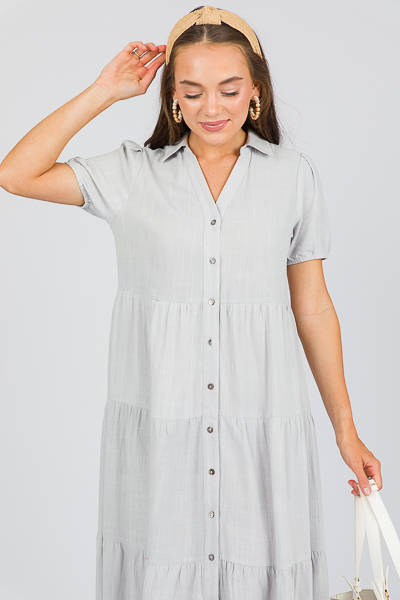 Linen Shirt Dress Midi, Blue Grey - New Arrivals - The Blue Door Boutique