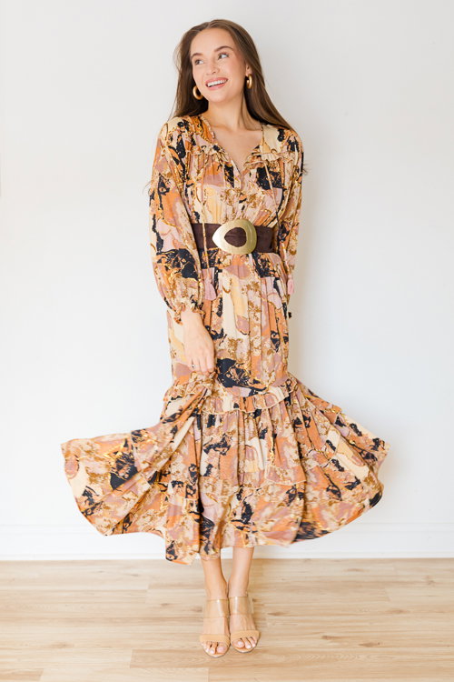 knee length dresses for ladies Antea Embellished Straight-Neck Maxi Dress in Black Gold Foil