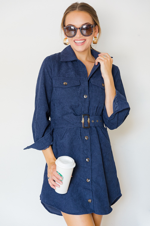Buckle Belt Cord Dress, Midnight