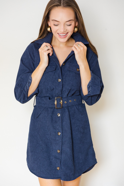 Buckle Belt Cord Dress, Midnight