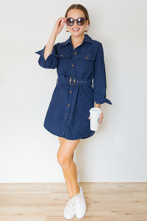 Buckle Belt Cord Dress, Midnight