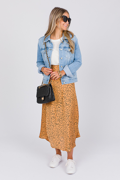 Spotty Satin Midi Skirt, Camel