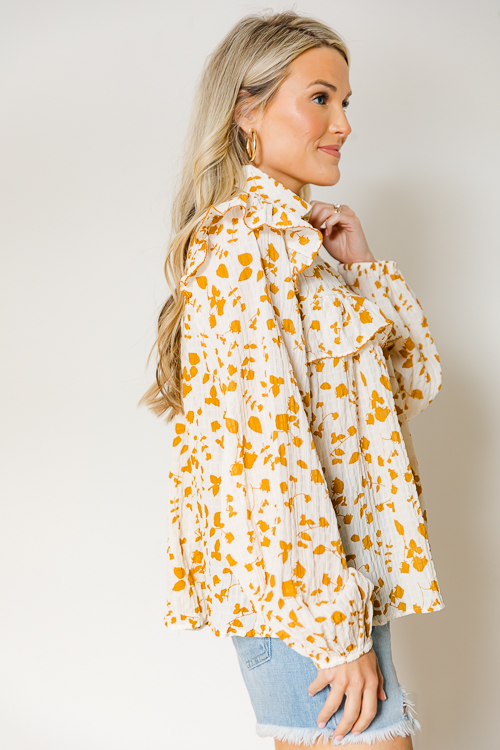 Collared Floral Top, Ivory Mustard