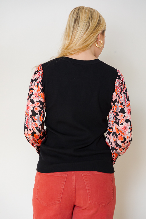 Floral Sleeves Sweater, Black/Orange