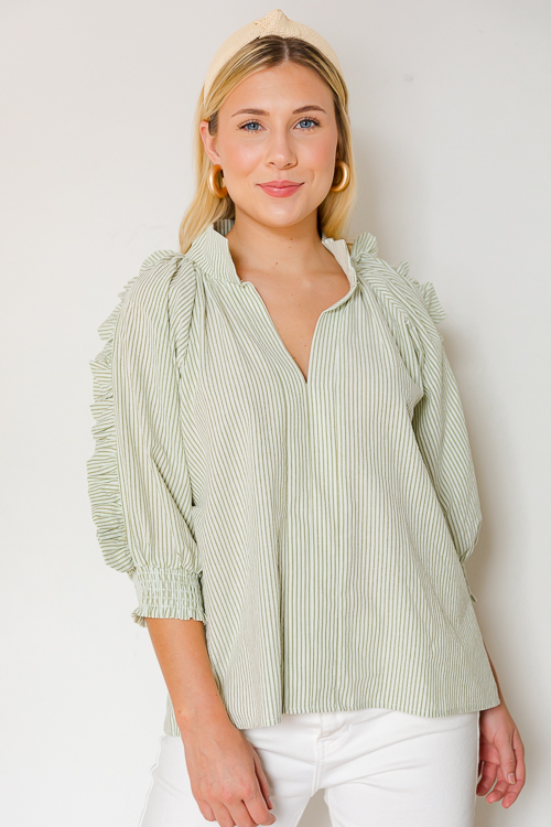 Preppy Ruffle Top, Olive Stripe - New Arrivals - The Blue Door