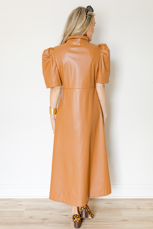 Mocha Leather Shirt Dress Midi - New Arrivals - The Blue Door Boutique