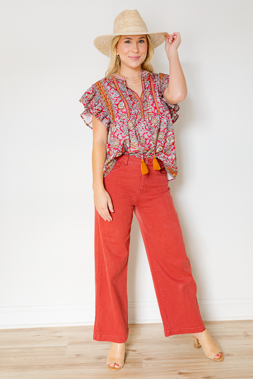Border Print Floral Top, Red