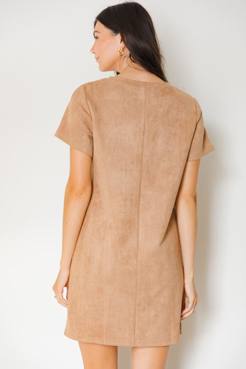 Faux Pocket Suede Shift, Camel - New Arrivals - The Blue Door Boutique