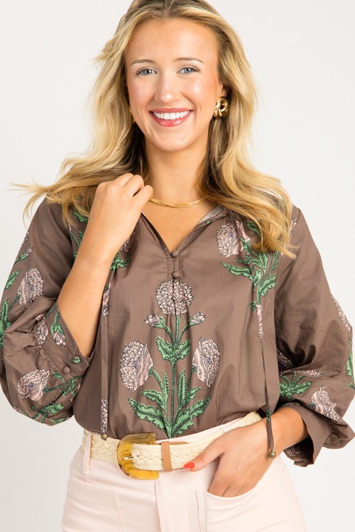 Block Print Button Top, Brown