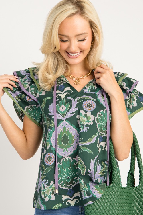 Ruffle Sleeve Printed Top, Green