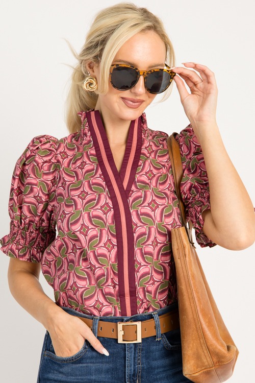 Printed Center Stripe Top, Wine