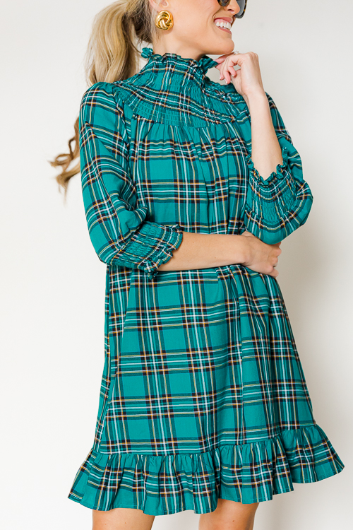 Tartan Smock Yoke Dress, Emerald