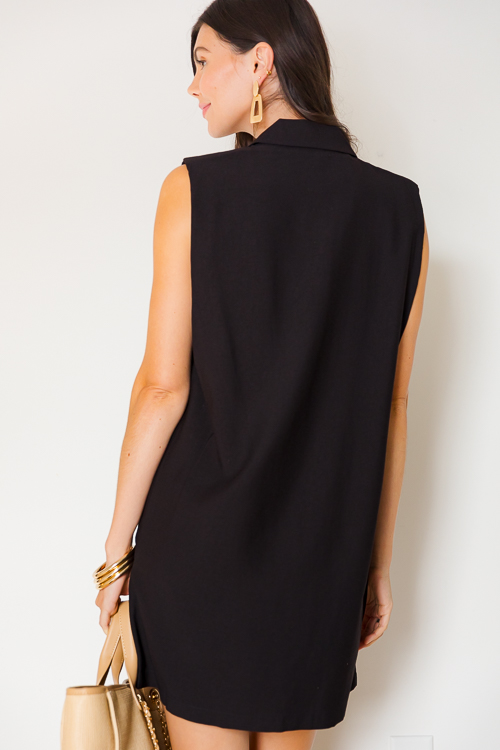 Notch Lapel Shirt Dress, Black