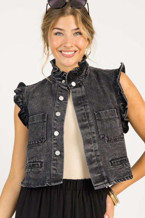 Ruffle Trim Denim Vest, Grey