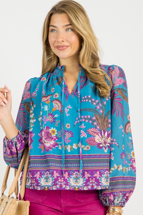 Tina Floral Blouse, Teal Purple