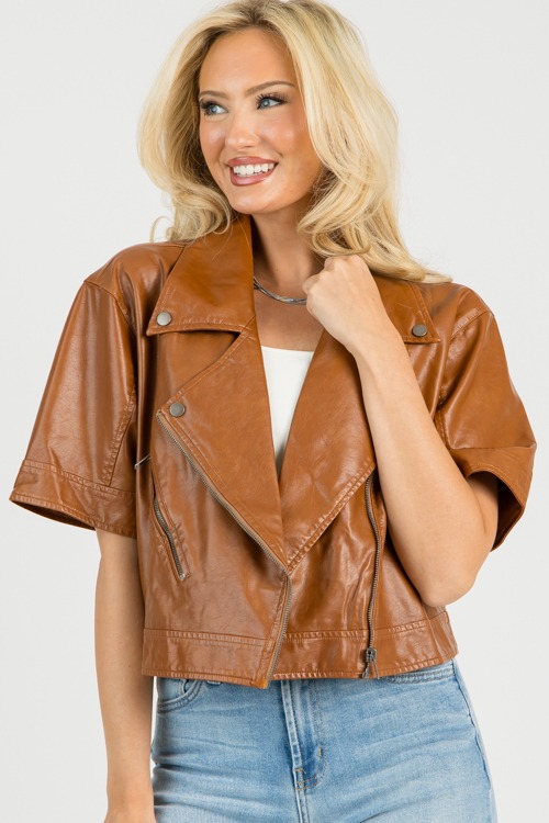 Short Sleeve Leather Jacket, Cognac