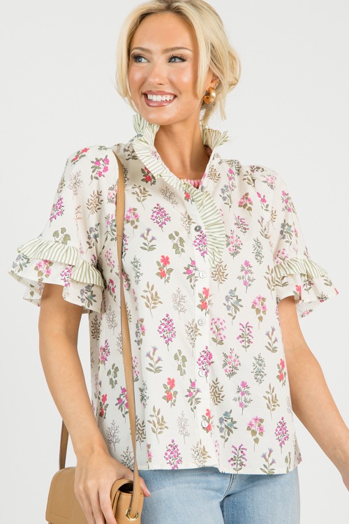 Floral Stems Stripe Top, Cream