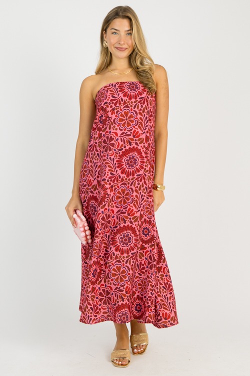 Floral Strapless Maxi, Pink Red