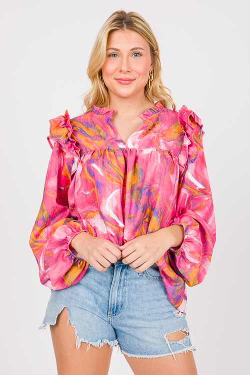 Ruffled Abstract Top, Pink Multi