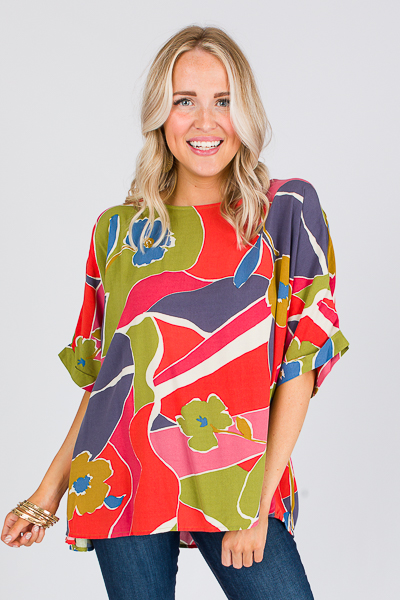 Oversize Blooms Top, Red Olive