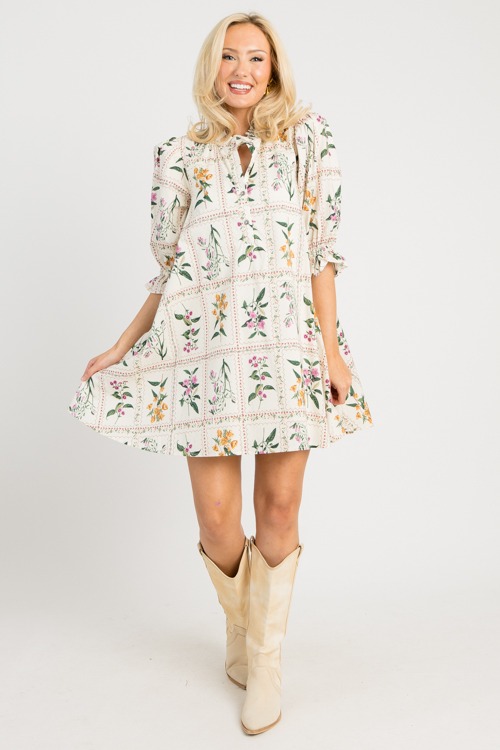 Botanic Blocks Swing Dress, Ecru