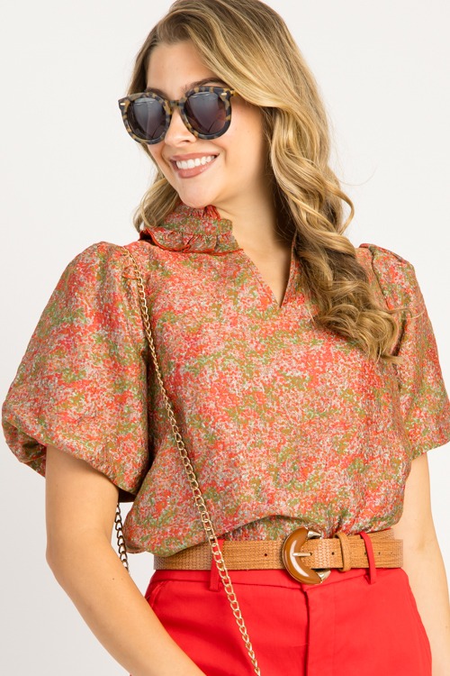 Jacquard Ruffle Collar Top, Rust