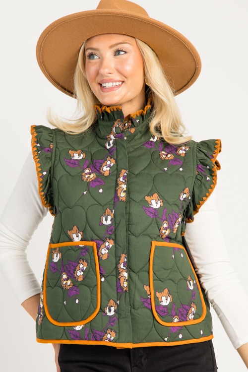 Floral Contrast Trim Vest, Olive