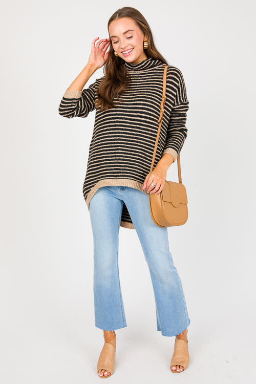 Dip Hem Stripe Sweater, Black Taupe
