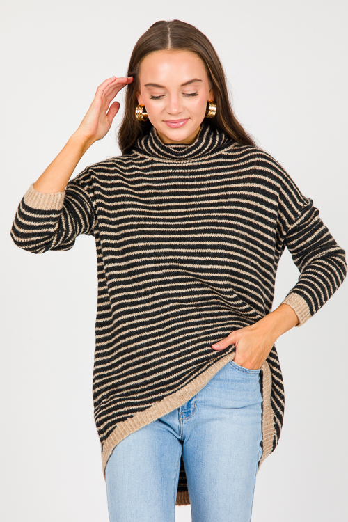 Dip Hem Stripe Sweater, Black Taupe
