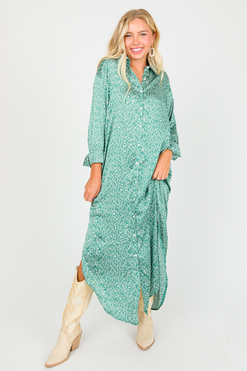 Satin Shirt Dress Maxi, Green