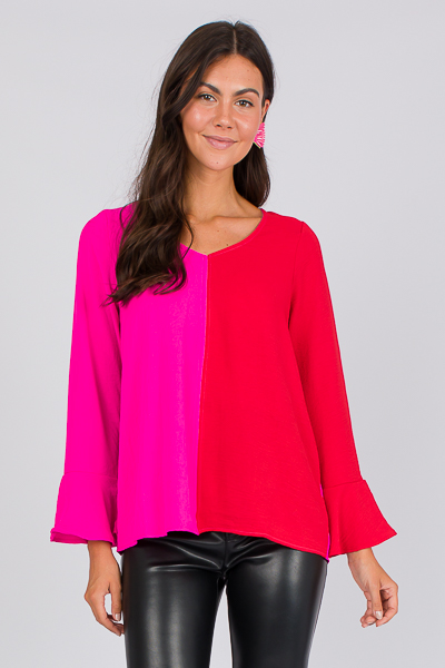 Bell Sleeve 2-Tone Top, Fuch/Rd