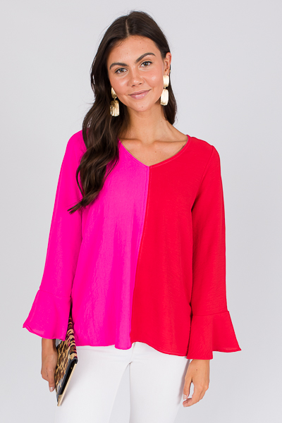 Bell Sleeve 2-Tone Top, Fuch/Rd