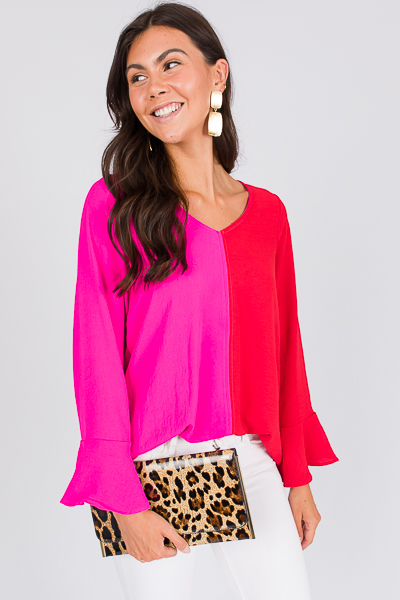 Bell Sleeve 2-Tone Top, Fuch/Rd