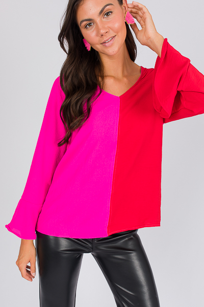 Bell Sleeve 2-Tone Top, Fuch/Rd