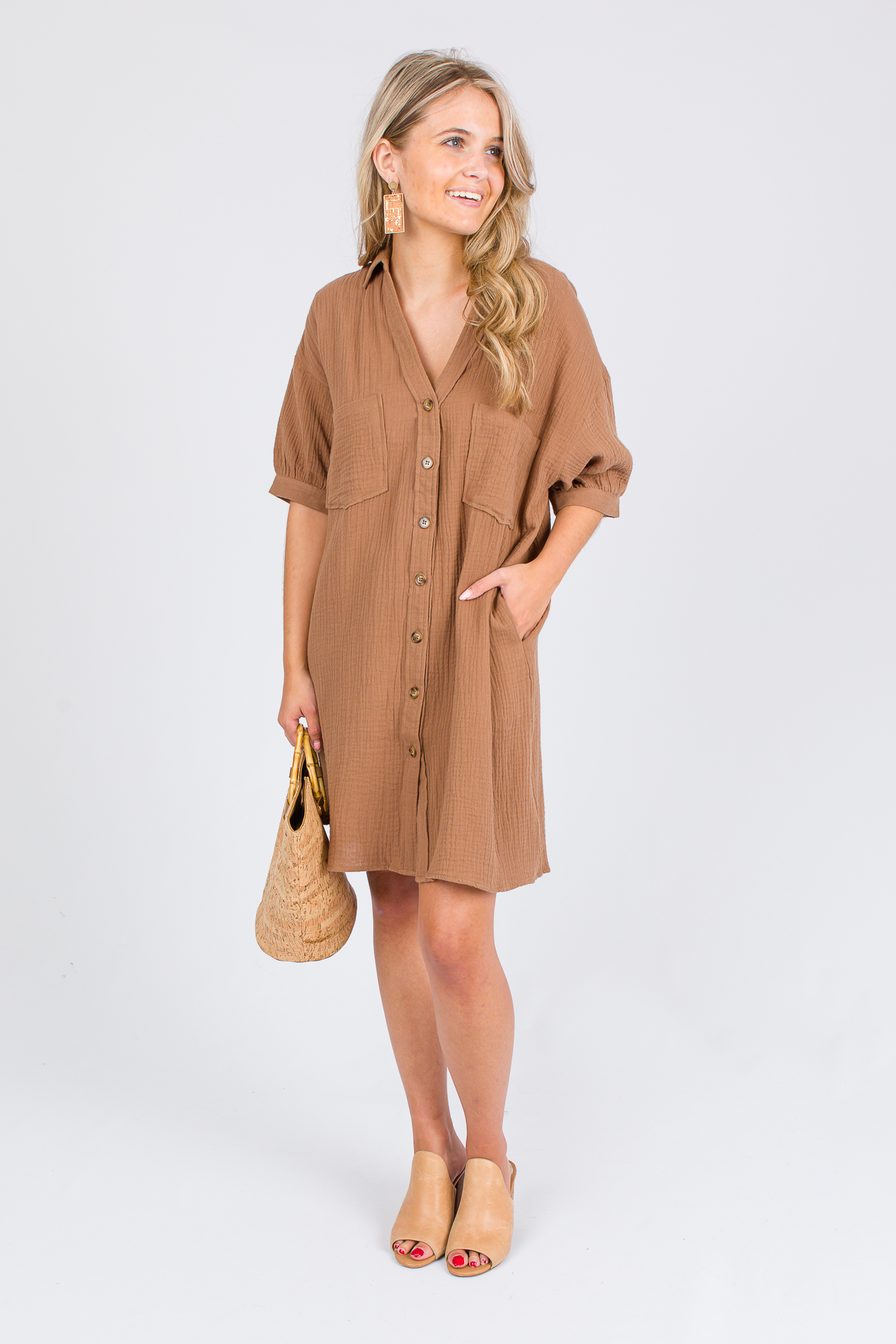 VNeck Gauze Shirt Dress, Mocha SALE The Blue Door Boutique