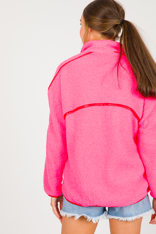 Leather Trim Teddy Pullover, Neon Pink