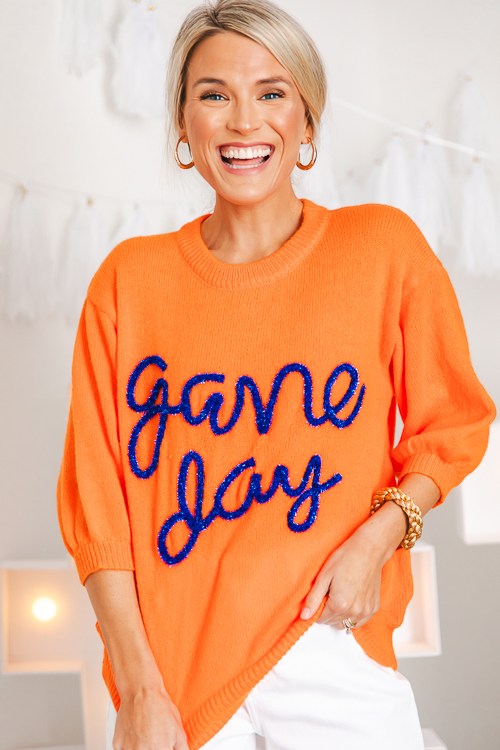 Game Day Metallic Sweater, Orange/Navy