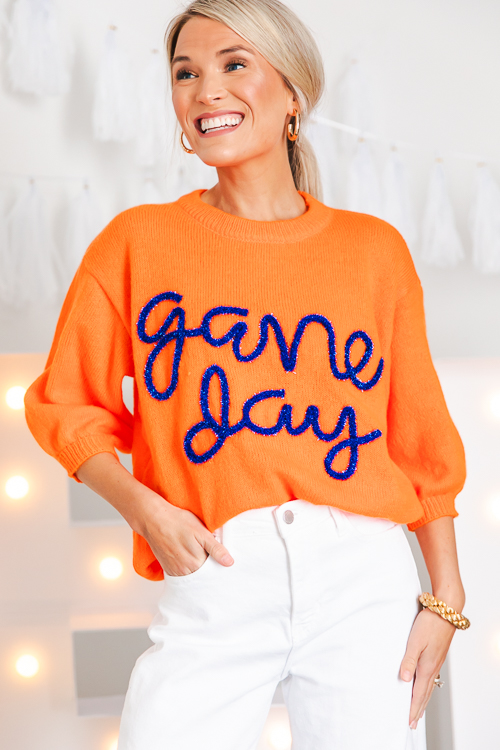 Game Day Metallic Sweater, Orange/Navy