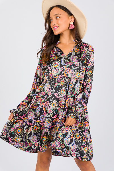 Satin Paisley Dress, Black Mult