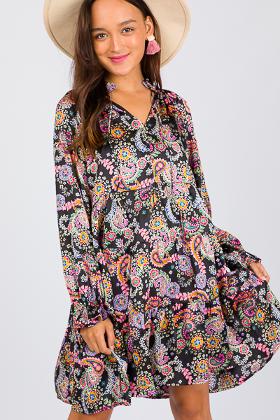 Satin Paisley Dress, Black Mult