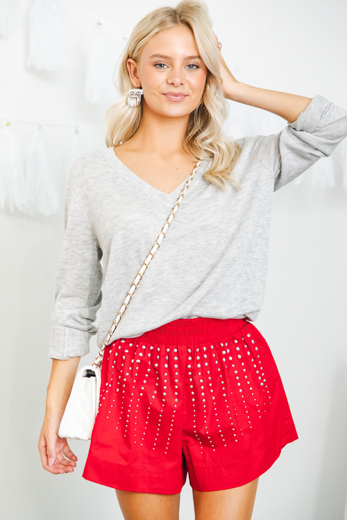 Rhinestone Studded Shorts, Red