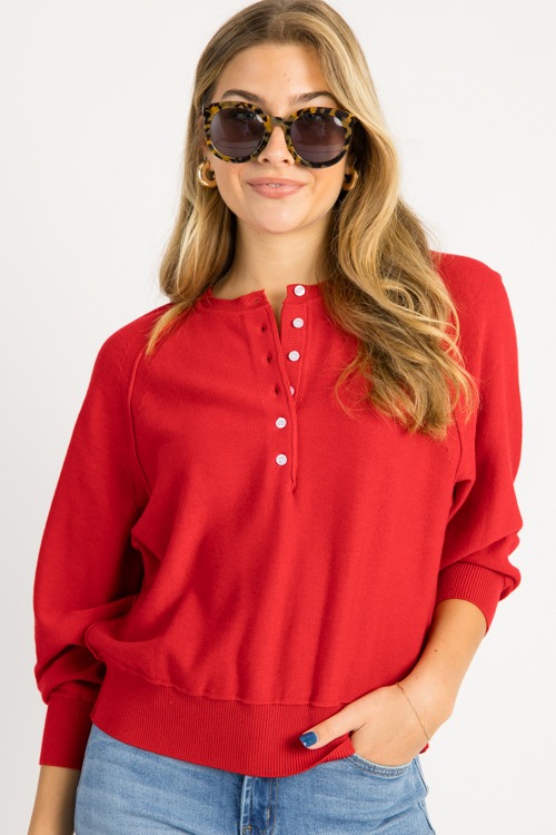 Henley Button Sweater, Red